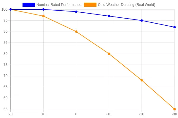 Line chart showing electric loader battery capacity retention versus ambient temperature, comparing nominal rated performance with real-world cold-weather derating