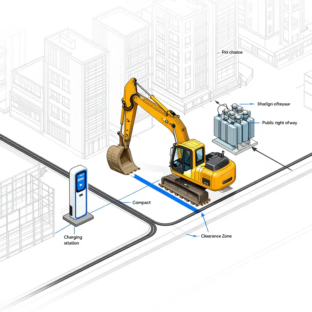 Site plan diagram of electric excavator charging infrastructure, cabling routes, and transformer placement