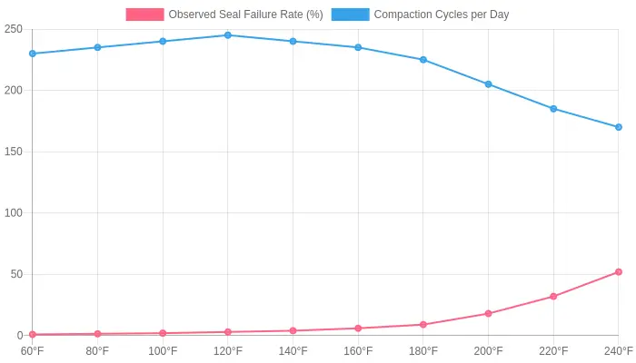 Line chart titled 'Compaction Hydraulic Seal Failure Rate vs. Operating Temperature' plotting observed seal failure rate (red line) rising sharply after 180F/82C while compaction cycles per day (blue line) decline, over ambient and fluid operating temperature from 60F to 240F.