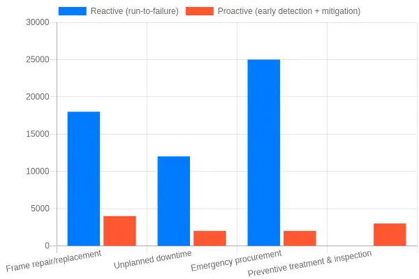 Grouped bar chart comparing 10-year corrosion costs per municipal truck under reactive versus proactive maintenance programs, showing proactive programs sharply reduce frame repair, unplanned downtime, and emergency procurement costs
