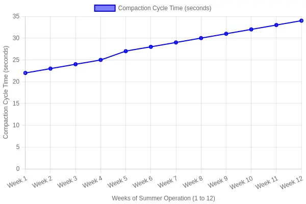 Line chart showing compaction cycle time rising from 22 seconds to 34 seconds over 12 summer weeks, crossing a 30-second inspection trigger