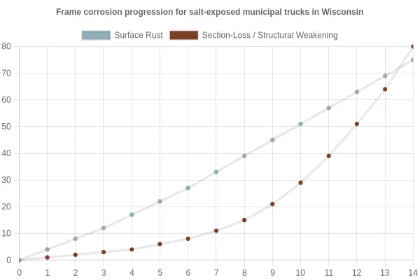 Frame corrosion progression for salt-exposed municipal trucks in Wisconsin