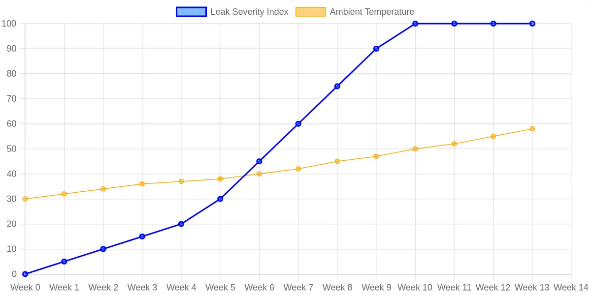 Chart showing the four-stage hydraulic seal failure pattern in compaction hydraulics, with leak severity rising across a summer season and a dashed line tracking ambient temperature.