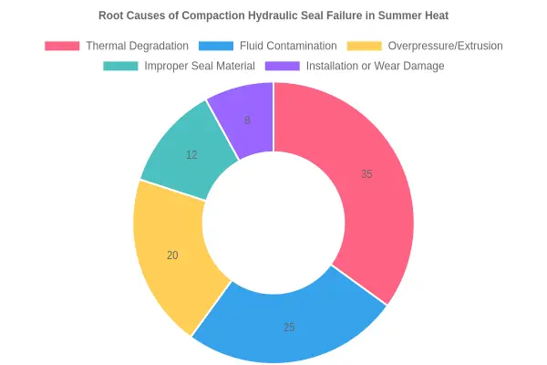 Root Causes of Compaction Hydraulic Seal Failure in Summer Heat - doughnut chart showing Thermal Degradation 35%, Fluid Contamination 25%, Overpressure/Extrusion 20%, Improper Seal Material 12%, Installation or Wear Damage 8%
