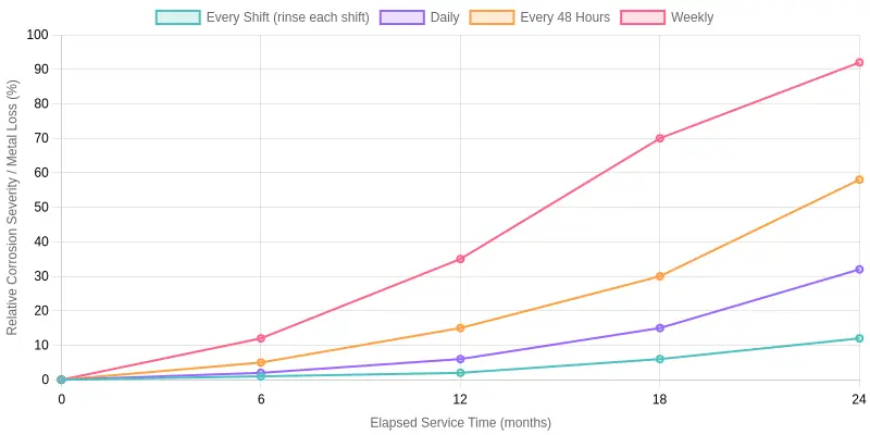 Line chart titled "Landfill Truck Bed Corrosion Progression by Rinse Interval" with a horizontal x-axis labeled "Elapsed Service Time (months)" (0, 6, 12, 18, 24) and a vertical y-axis labeled "Relative Corrosion Severity / Metal Loss (%)" (0-100). Four color-coded trend lines rise from zero: "Every Shift" stays flattest at roughly 12% by month 24, "Daily" rises to about 32%, "Every 48 Hours" climbs to about 58%, and "Weekly" is the steepest at roughly 92%.