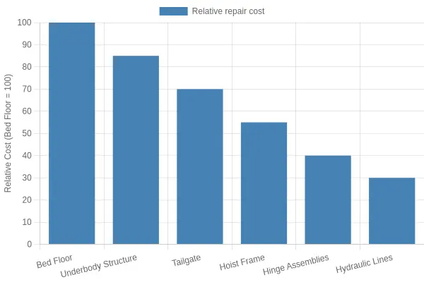 Bar chart titled "Relative Repair/Replacement Cost of Corroded Components on a Landfill Truck" showing bed floor at 100, underbody structure at 85, tailgate at 70, hoist frame at 55, hinge assemblies at 40, and hydraulic lines at 30