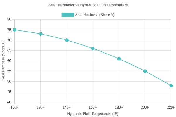Line chart showing hydraulic seal hardness dropping from 75 to 48 Shore A as fluid temperature rises from 100°F to 220°F