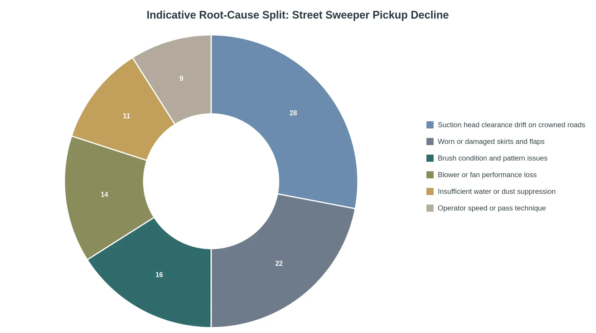 Doughnut chart titled Indicative Root-Cause Split: Street Sweeper Pickup Decline, showing suction head clearance drift on crowned roads at 28%, worn or damaged skirts and flaps at 22%, brush condition and pattern issues at 16%, blower or fan performance loss at 14%, insufficient water or dust suppression at 11%, and operator speed or pass technique at 9%.