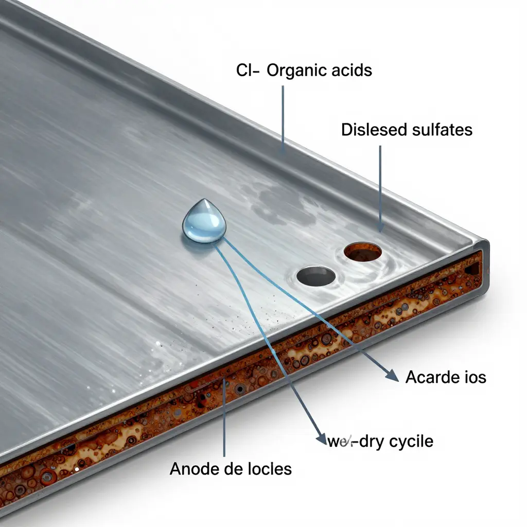 Technical diagram showing how landfill leachate drives electrochemical corrosion on a landfill truck bed steel surface.