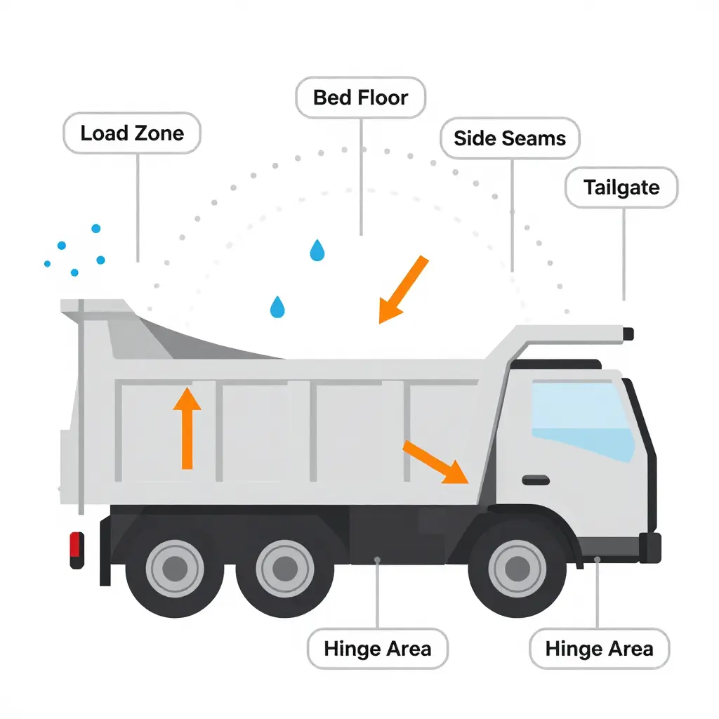 Flat vector side-view cross-section of a landfill truck bed showing dotted splash arcs from the load arcing backward across the bed floor toward the tailgate, side seams, and hinge area, with orange direction arrows and labeled zones.