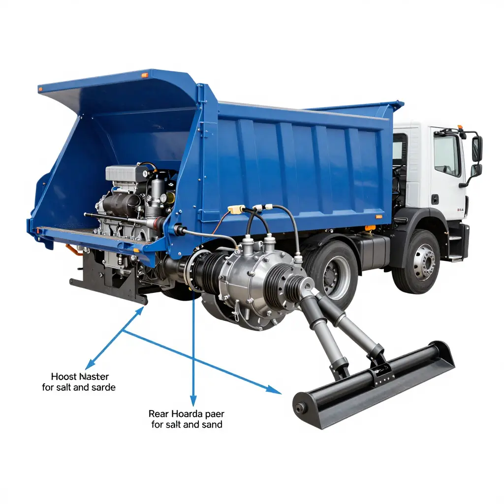 Cutaway diagram of a municipal dump truck PTO system showing engine drive to a transmission-mounted PTO, hydraulic pump, and fluid lines feeding the dump hoist, rear spreader, and front plow circuits.