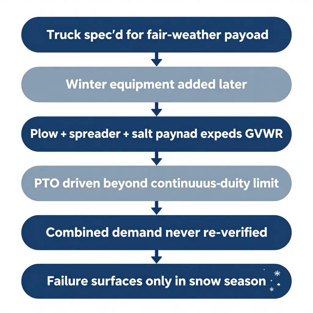 Flowchart tracing how a fair-weather GVWR and PTO spec grows into a winter-only failure