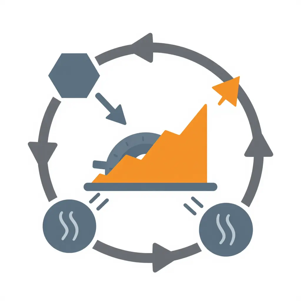 Flat 2D closed-loop process diagram showing brake heat build-up and dissipation during a refuse collection route, with braking energy input entering a brake drum and disc, splitting into dwell-cooling and travel-cooling paths, and looping back with a rising net thermal escalation line