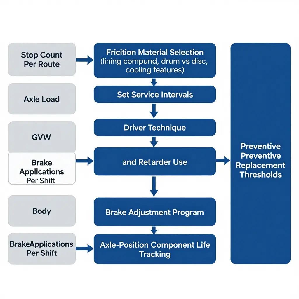 Technical diagram of a duty-cycle-based brake maintenance planning workflow for municipal refuse trucks, linking stop count, axle load, and GVW to service intervals, friction material selection, retarder use, brake adjustment, axle-position life tracking, and preventive replacement thresholds.