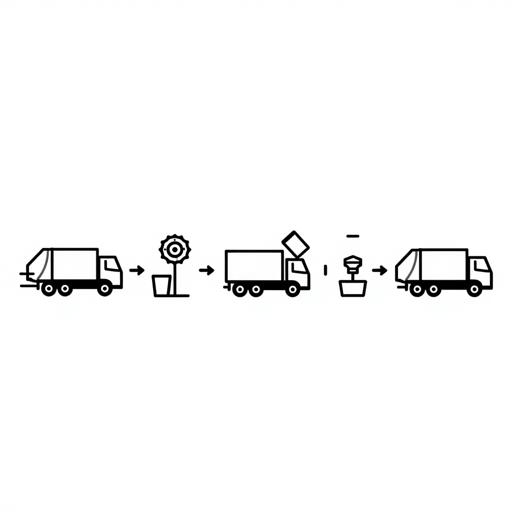 Flat line-art schematic of a municipal garbage truck's stop-start brake cycle showing five stages: vehicle in motion, brake application at a collection point, dwell during loading, brake release, and a short advance to the next stop