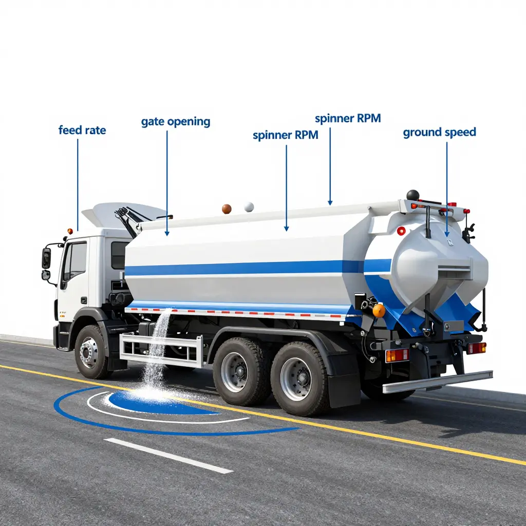 Technical cutaway diagram of a municipal salt spreader truck showing the hopper, hydraulically driven auger/conveyor, adjustable gate plate, spinner disc, and material spread pattern arcs on the pavement, labeled with feed rate, gate opening, spinner RPM, and ground speed.