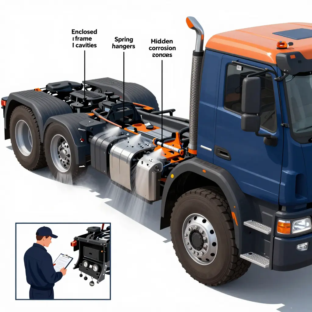 Cutaway diagram of a municipal snowplow truck underbody highlighting hidden corrosion zones: enclosed frame cavities, spring hangers, and crossmember junctions, while an inspector checks brake and tire areas externally
