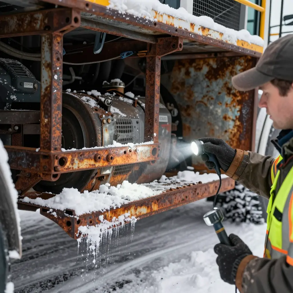 Technician inspecting heavy frame rust on a municipal snowplow truck underbody after road salt exposure