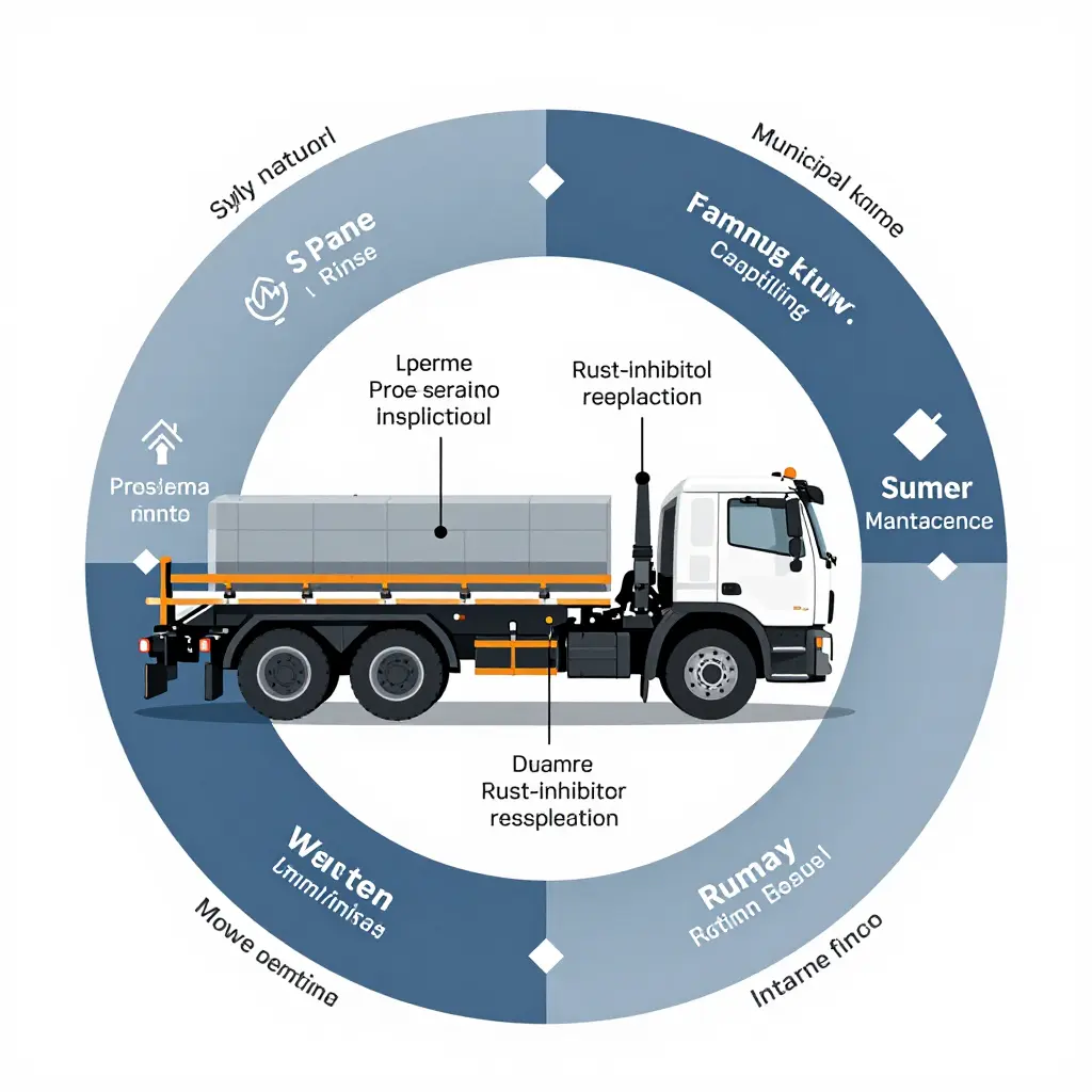 Seasonal maintenance workflow diagram for municipal snowplow trucks showing underbody rinse and cavity-flushing points around a four-season deep-inspection calendar.
