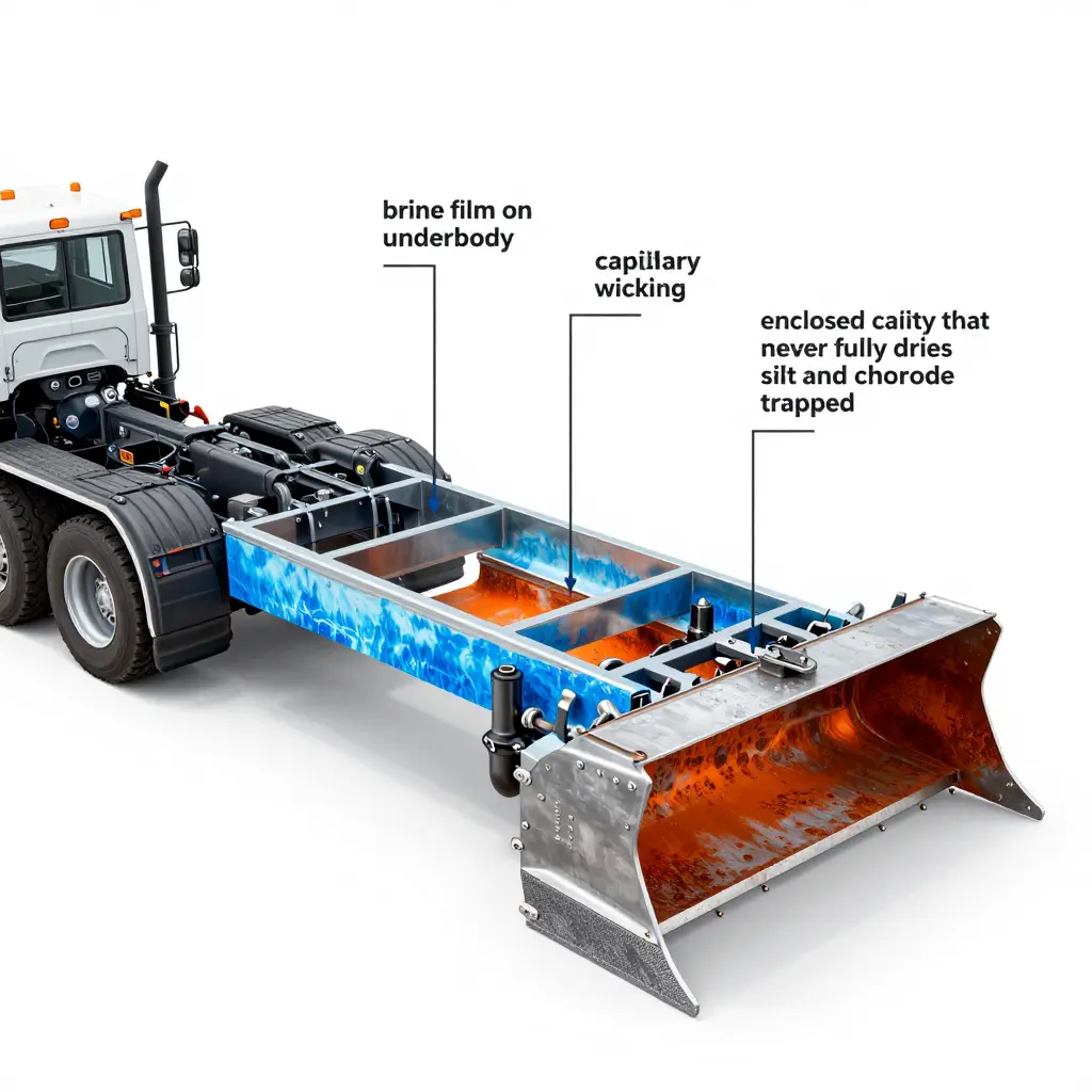 Cutaway diagram showing brine wicking into an enclosed truck frame cavity