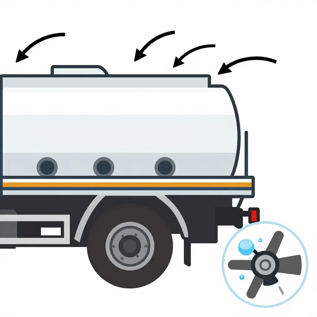 Two-dimensional schematic cross-section of a municipal water truck tank showing the shell, three vertical baffles with bottom openings, the rear pump inlet, and directional arrows illustrating liquid surge during braking, acceleration, and cornering on a graded route, plus an inset of the pump impeller with vapor bubble formation and collapse.