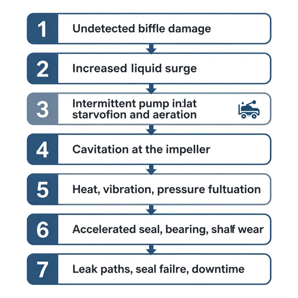 Flowchart showing the causal chain from undetected baffle damage through increased liquid surge, pump inlet starvation and aeration, cavitation at the impeller, heat and vibration, accelerated wear, to seal failure and downtime.