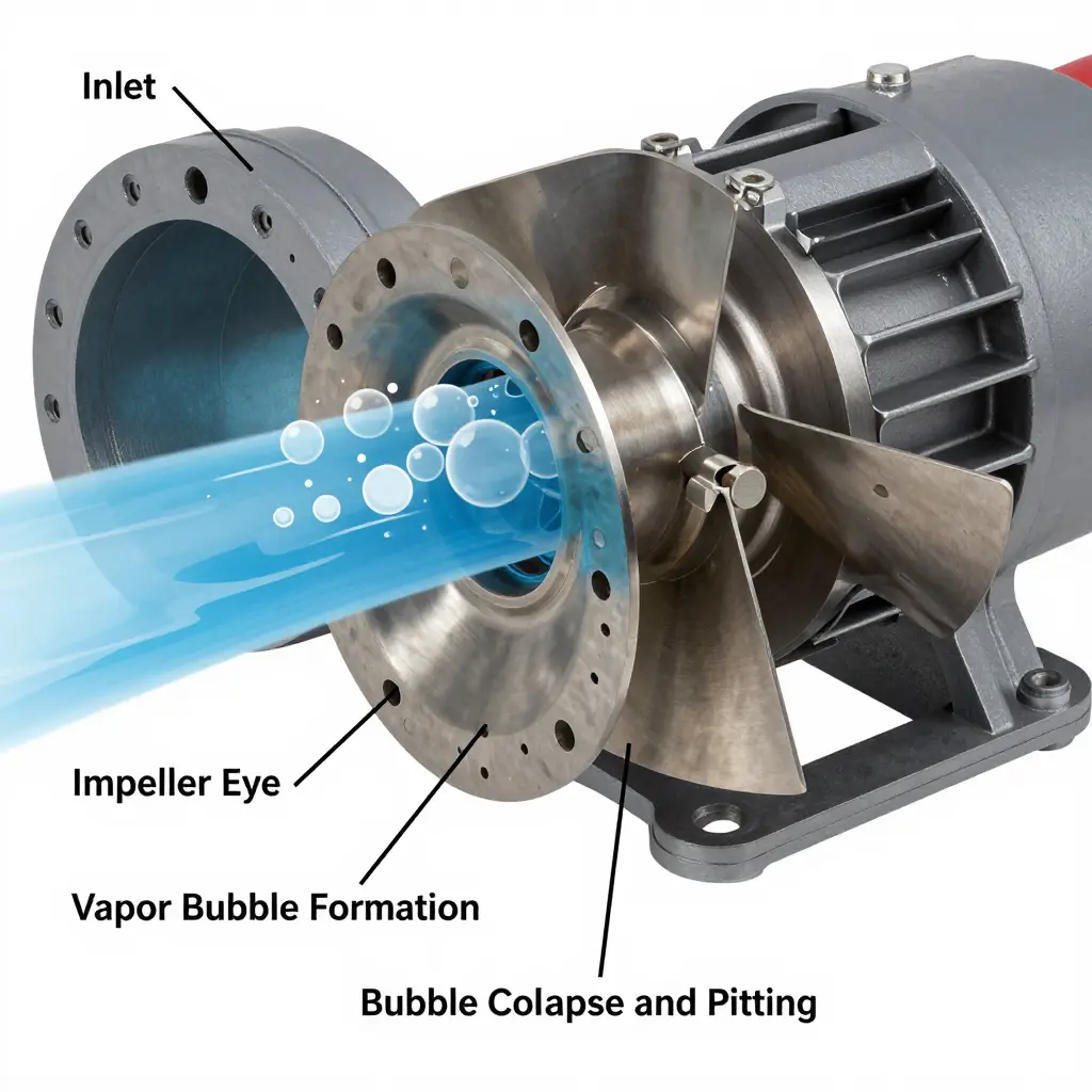 Cutaway diagram of a centrifugal water truck pump showing water entering the inlet, low-pressure vapor bubble formation at the impeller eye, and bubbles collapsing against the vanes with pitting craters