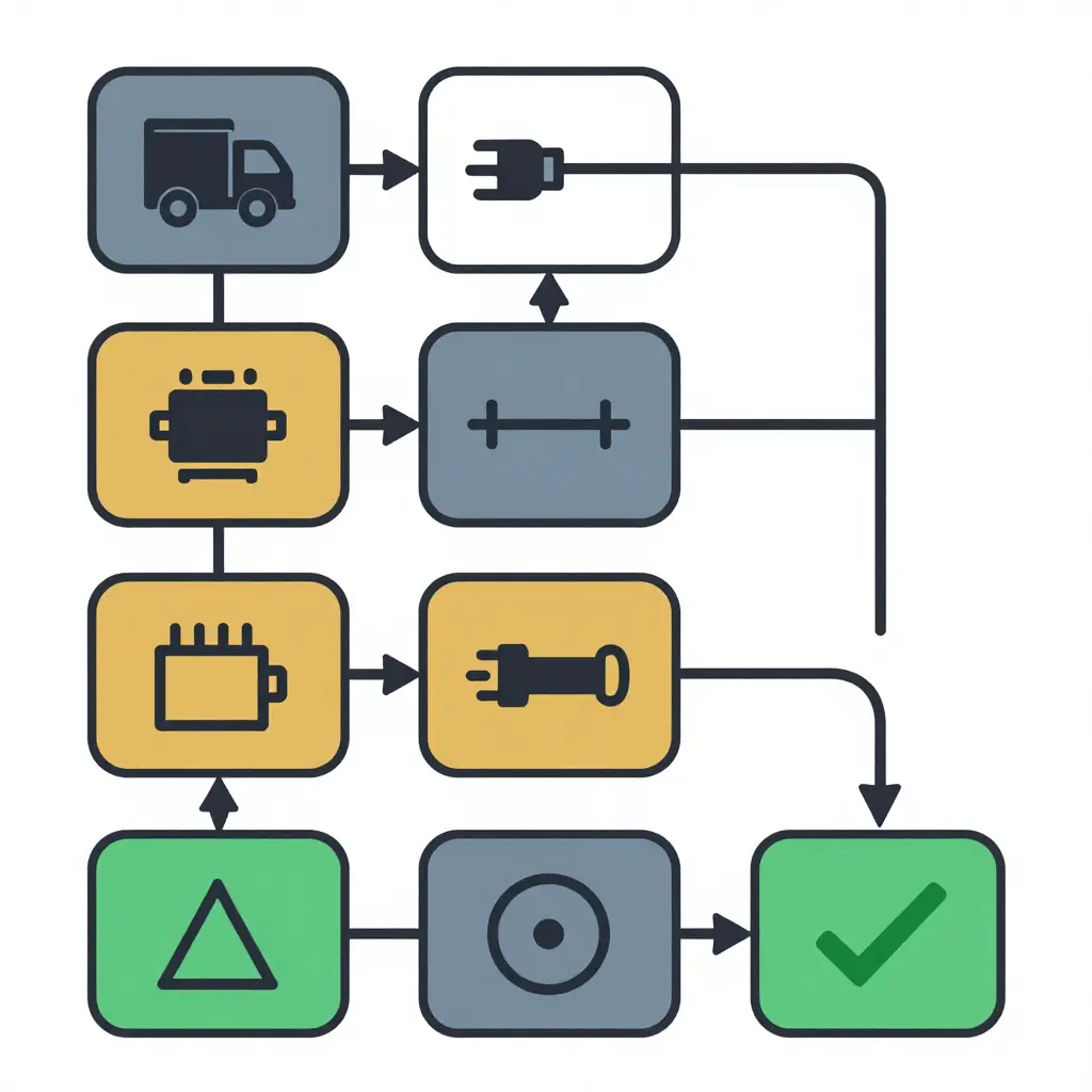 Flat 2D flowchart showing the snow plow prep wiring diagnostic sequence: battery circuit verification, harness connector inspection, relay check, fuse check, ground continuity test, and a loop-back arrow for re-testing.