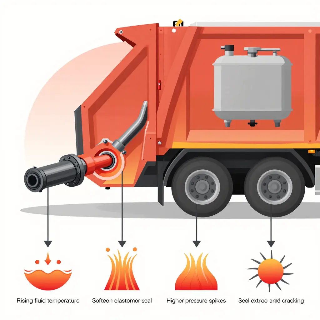 Cross-section of a refuse truck hydraulic compaction circuit showing the four stages of heat-driven seal failure