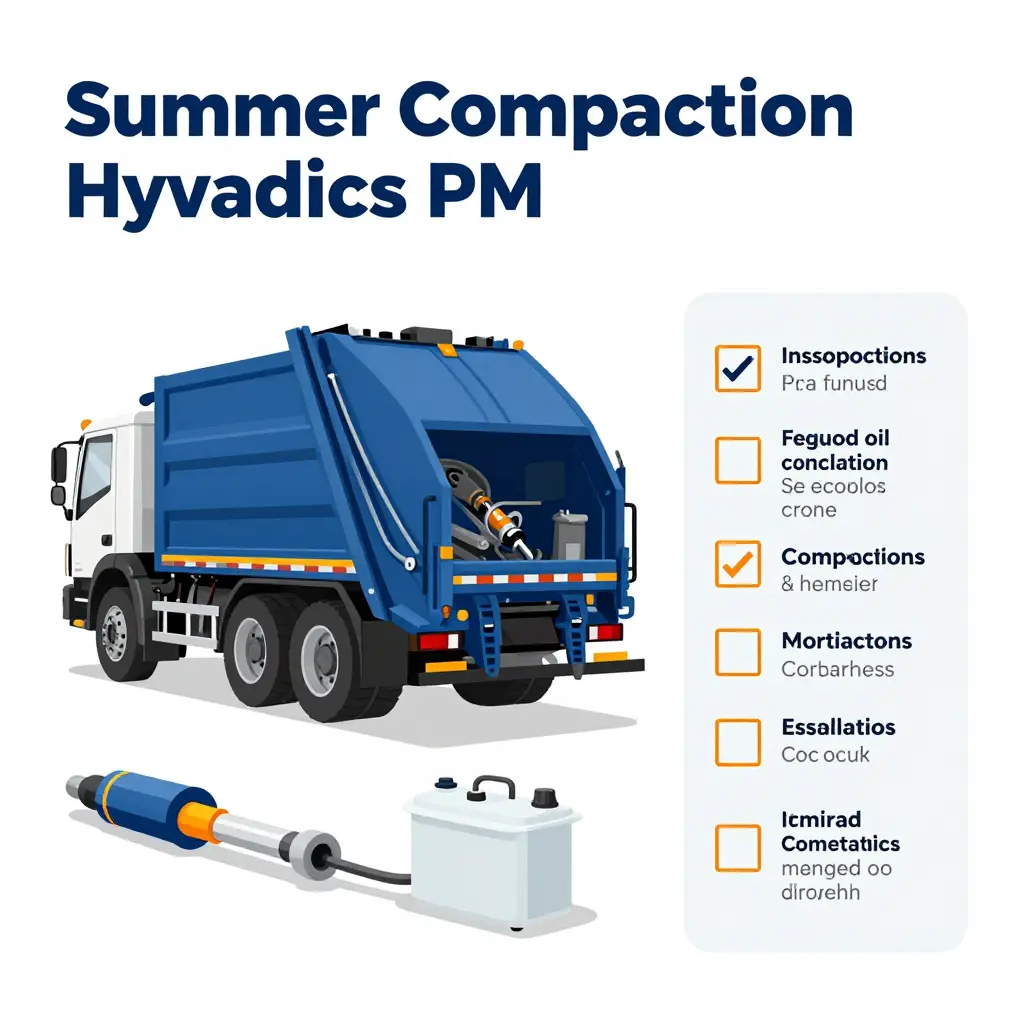 Infographic showing a summer preventive maintenance checklist for refuse truck compaction hydraulics, highlighting cylinders, seals, cooler, and reservoir