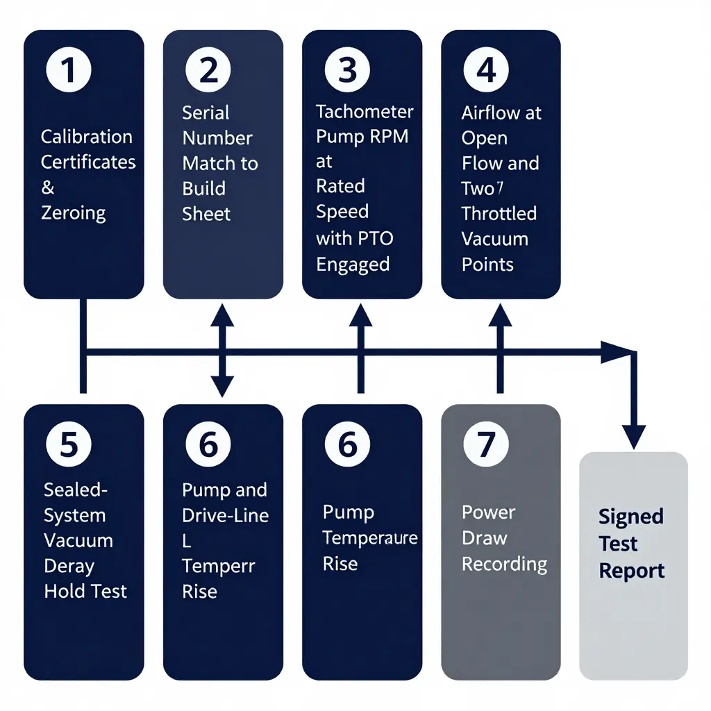 Seven-step factory acceptance test sequence for a sewer cleaner truck vacuum pump