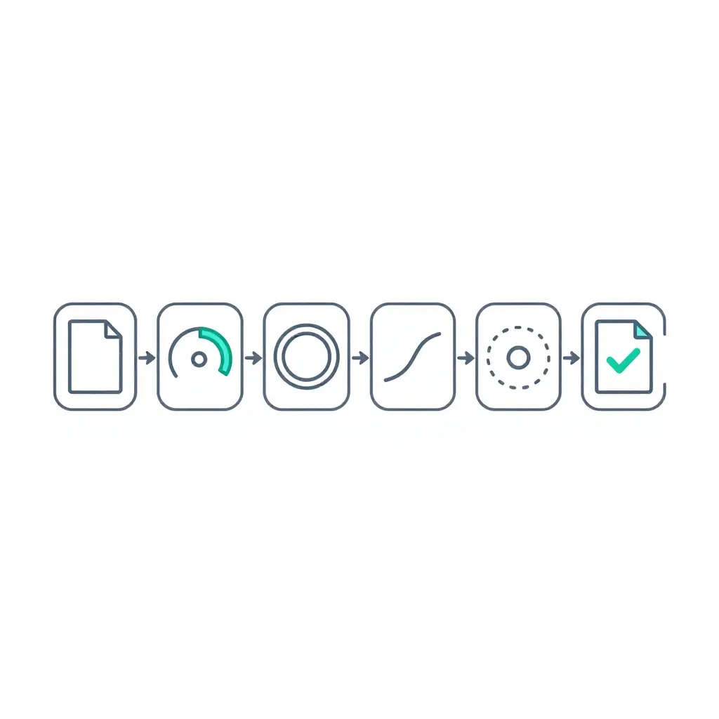 Minimalist six-step left-to-right workflow diagram of the pre-shipment vacuum pump verification sequence, shown as connected rounded squares with abstract geometric symbols and a single teal-green accent color on a white background