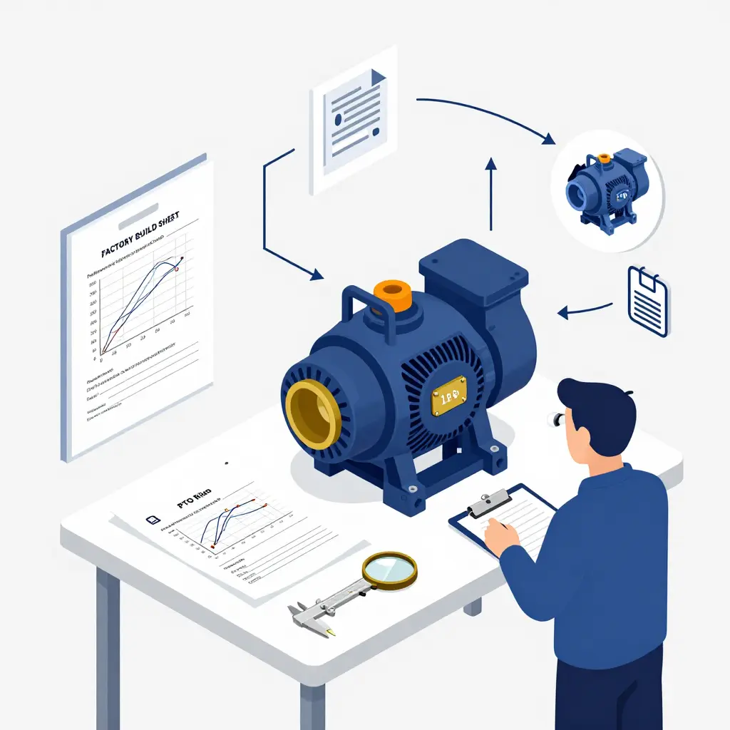 Isometric illustration of an inspector cross-checking a vacuum pump serial plate against a factory build sheet, calibration certificate and performance curve