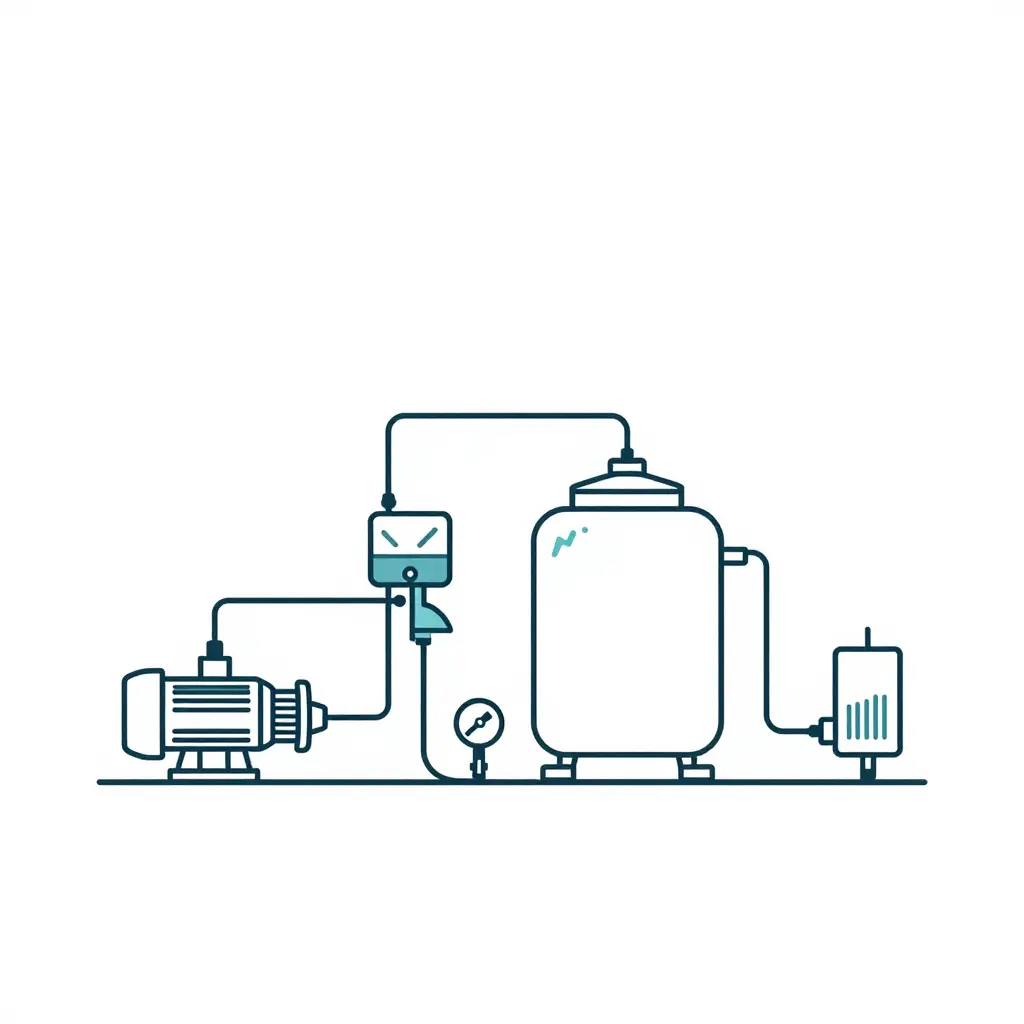 Minimalist 2D line-and-block schematic of a vacuum pump test bench: motor and blower unit at left, drive coupling, inlet piping through a flow meter and throttle valve, a vacuum gauge tap, a sealed test tank, and an exhaust path to a silencer