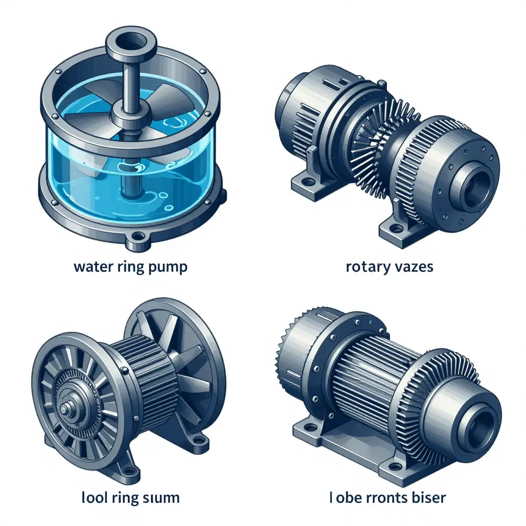 Cutaway comparison of a liquid ring pump, a rotary vane pump and a rotary lobe Roots blower as fitted to sewer cleaning trucks