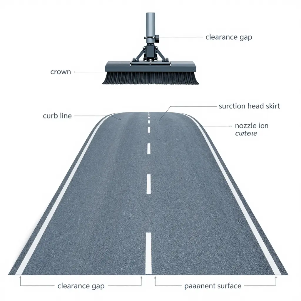 Technical cross-section diagram of a street sweeper suction head over a crowned road, showing a narrow clearance gap at the curb line and a wider gap on the centerline side