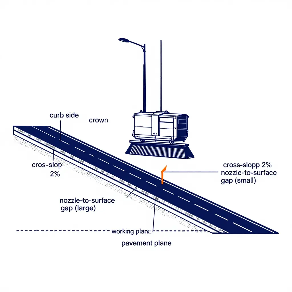 Cross-section of a crowned roadway showing how the flat working plane of a suction head diverges from the sloped pavement plane