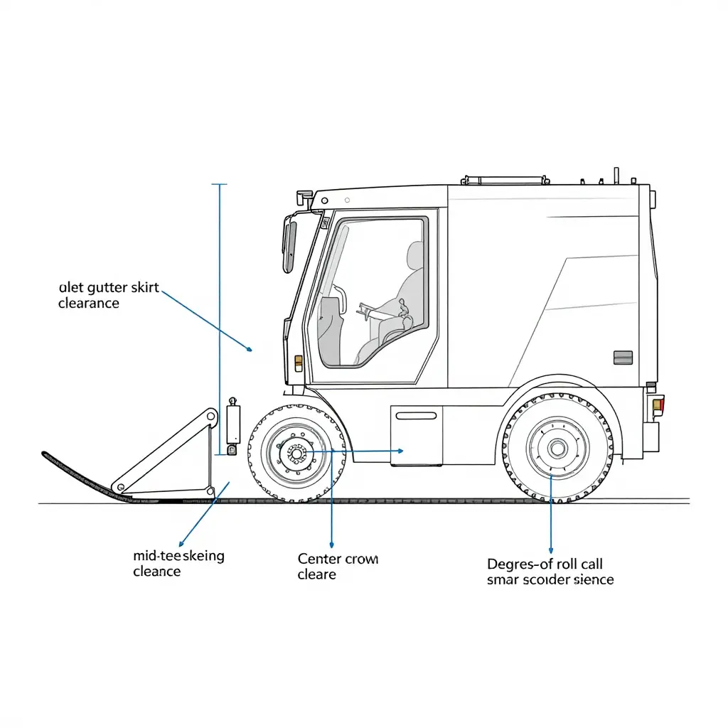 Technical diagram of a street sweeper suction head over a crowned road cross-section, with labeled clearance measurement points at the gutter, mid-slope and crown, plus the articulation pivot axis and roll range