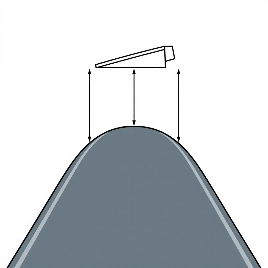 Schematic 2D cross-section of a crowned road with a tilted rectangular suction head above it, showing clearance gaps with dimension arrows that are short at the crown and progressively longer toward the road edges