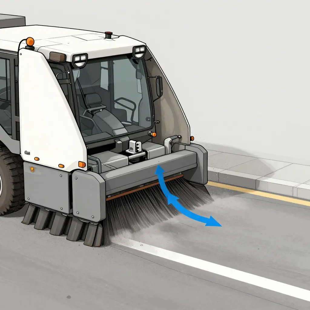 Cutaway schematic of a street sweeper suction head over a crowned road showing air short-circuiting through an excessive gap at the crown-side skirt