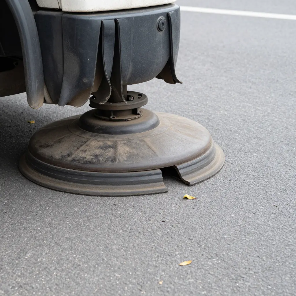 Worn rubber skirt segments on a suction head held above the crowned edge of a road, with a visible open gap above the pavement