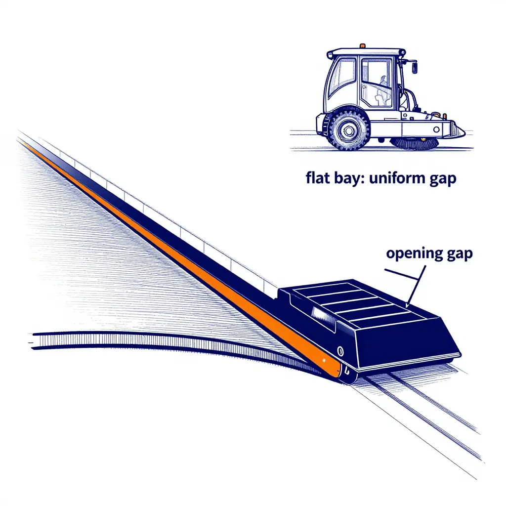 Side-view diagram of a street sweeper suction head on a crowned road, showing the working gap closing on the crown side and opening at the gutter, with an inset of the same head on a flat shop bay where the gap reads uniform