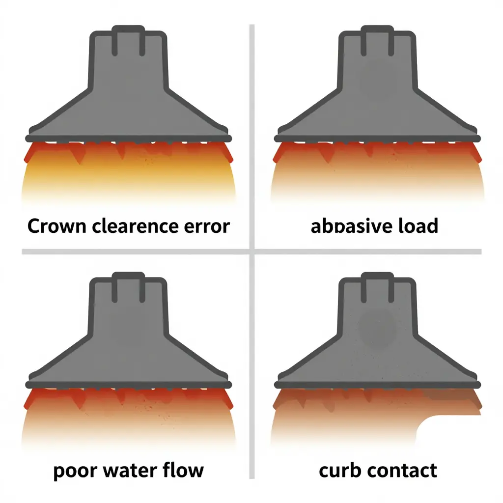 Four-panel comparison of wear footprints on a suction head: crown clearance error, abrasive load, poor water flow, and curb contact
