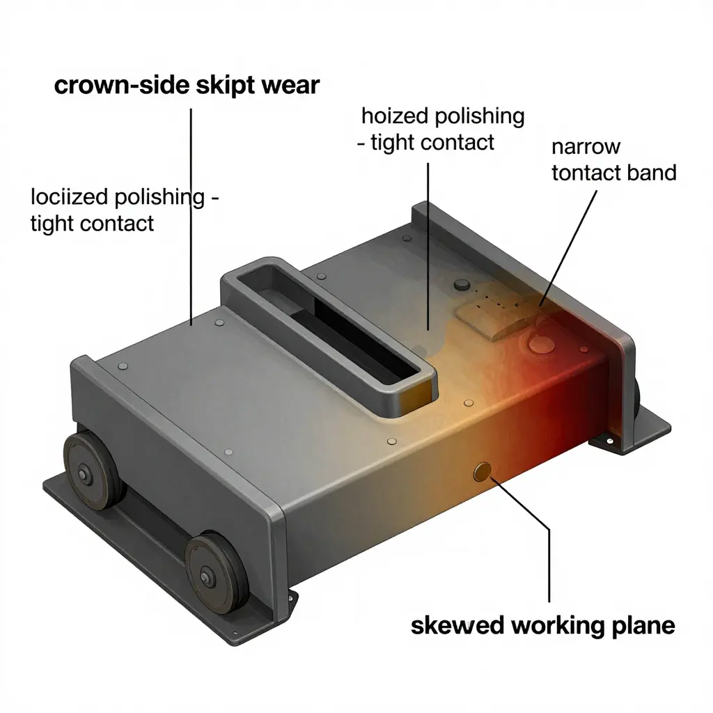Bottom view of a street sweeper suction head with labeled wear zones showing crown-side skirt wear, localized nozzle polishing, and a narrow grit erosion band